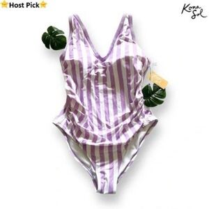Kona Sol One Piece Swimsuit – Purple & White Stripes – Size 16W XXL – NWT